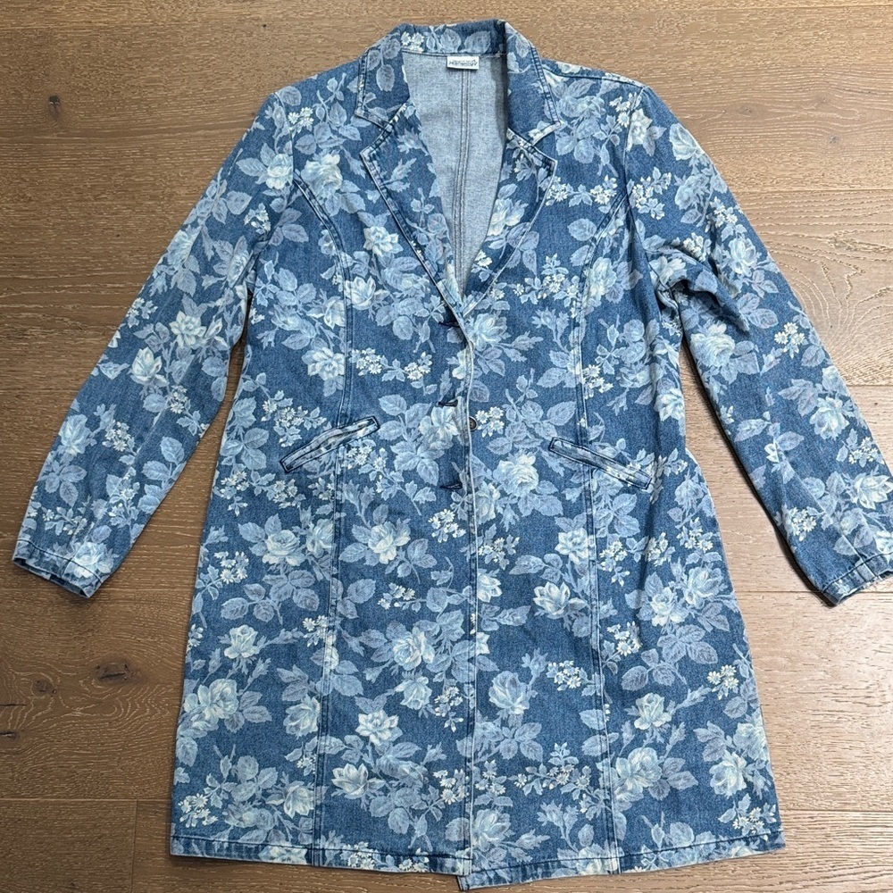 Vintage Floral Denim Longline Blazer Jacket Cottagecore 90s size L
